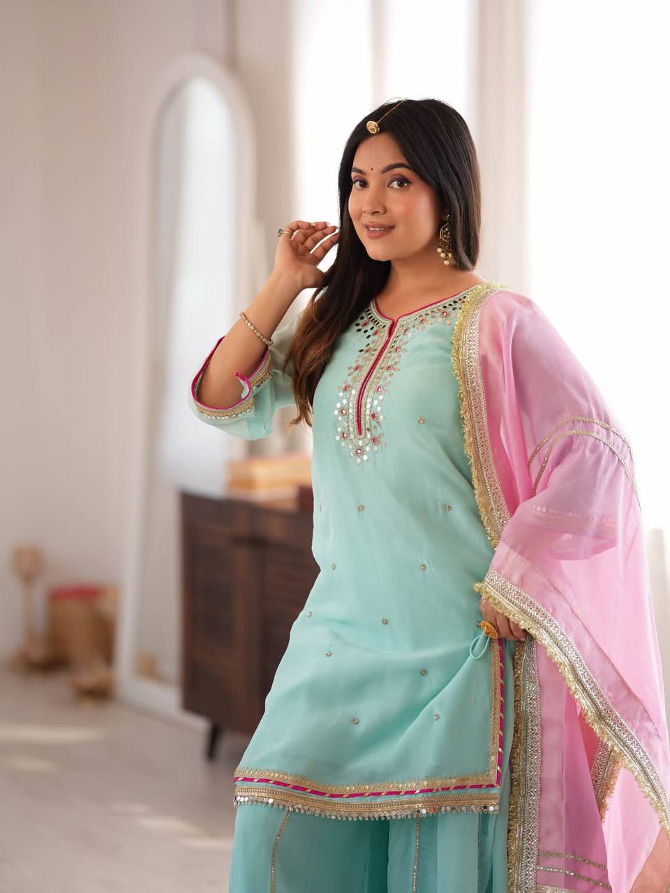 Sky Mint Organza Silk Sharara Suit Set with Pink Gota Patti Dupatta for Women