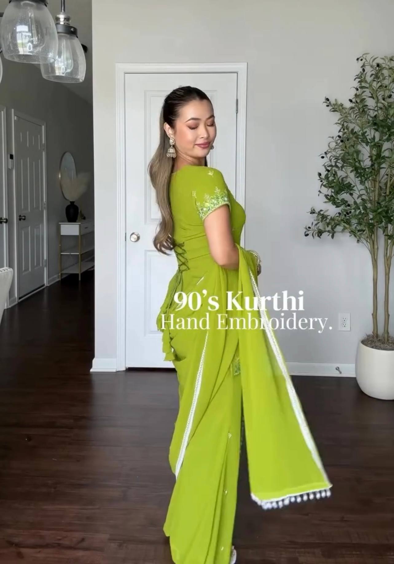 90's Iconic Lime Green Embroidered Georgette Sharara Suit Set with Dupatta