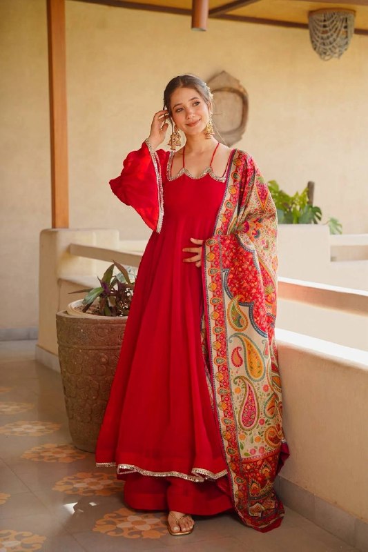 Scarlet Red Tabby Silk 3-Piece Anarkali Suit Set with Printed Dupatta