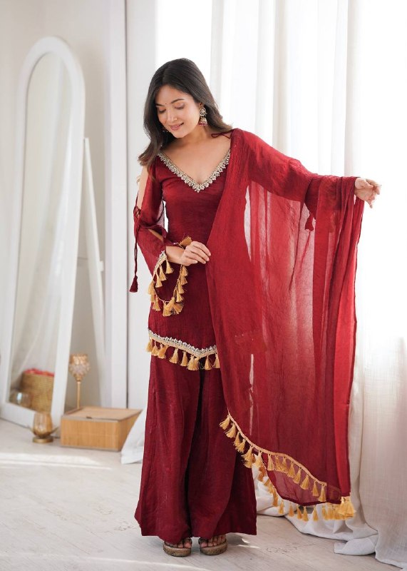 Wine Maroon Mirror Work Kurta Palazzo Suit Set for Women | Wedding, Festive & Party Wear