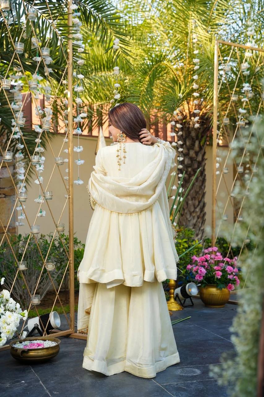 Premium Cream Cosmos Fabric Mirror Work Anarkali Palazzo Set