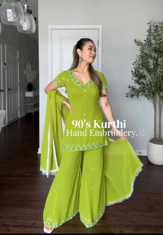 90's Iconic Lime Green Embroidered Georgette Sharara Suit Set with Dupatta