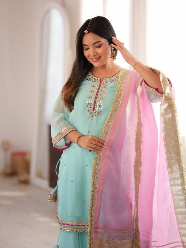 Sky Mint Organza Silk Sharara Suit Set with Pink Gota Patti Dupatta for Women