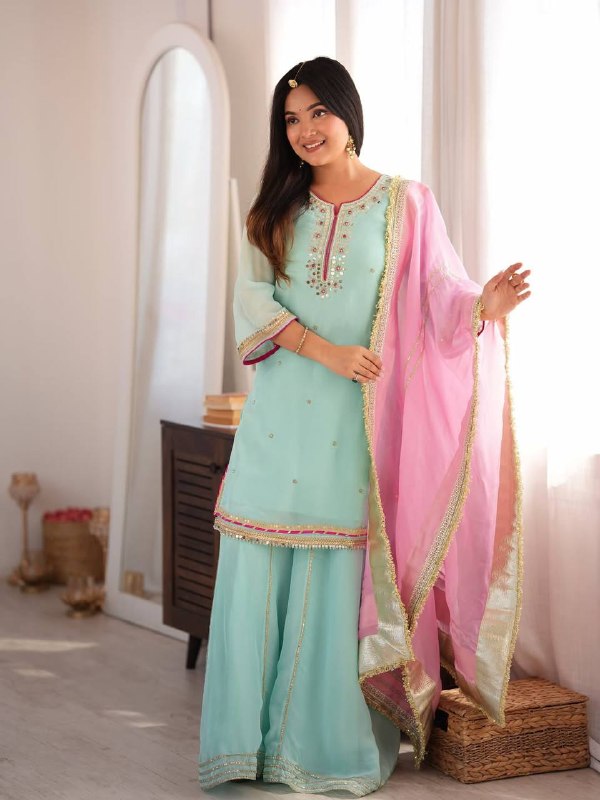 Sky Mint Organza Silk Sharara Suit Set with Pink Gota Patti Dupatta for Women