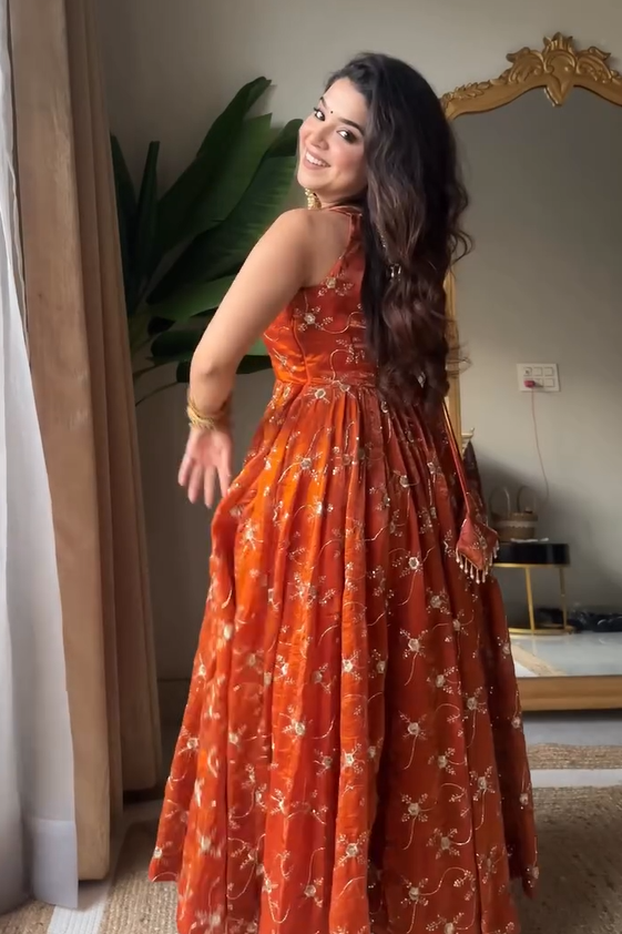 Rust Orange Pure Tissue Silk Anarkali Set with Hand Embroidery