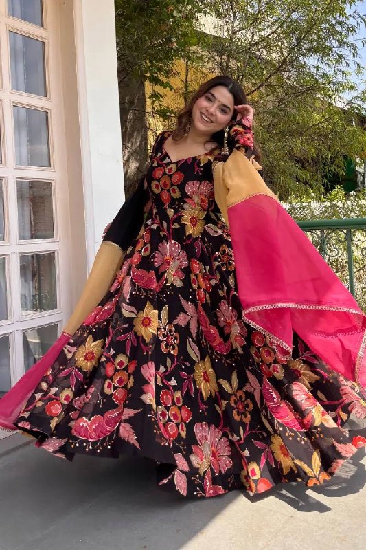Festive Wear Black Floral Designer Anarkali Suit with Organza Dupatta For Women