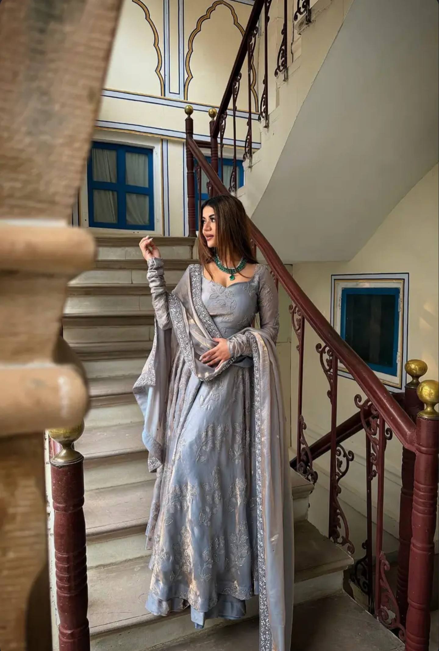 Silver Grey Fandy Silk Anarkali Gown Suit Set with Dupatta