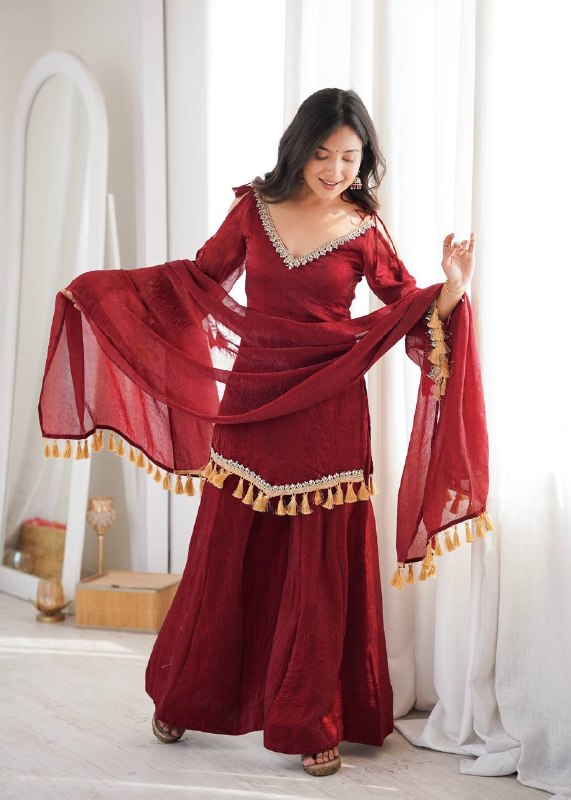 Wine Maroon Mirror Work Kurta Palazzo Suit Set for Women | Wedding, Festive & Party Wear