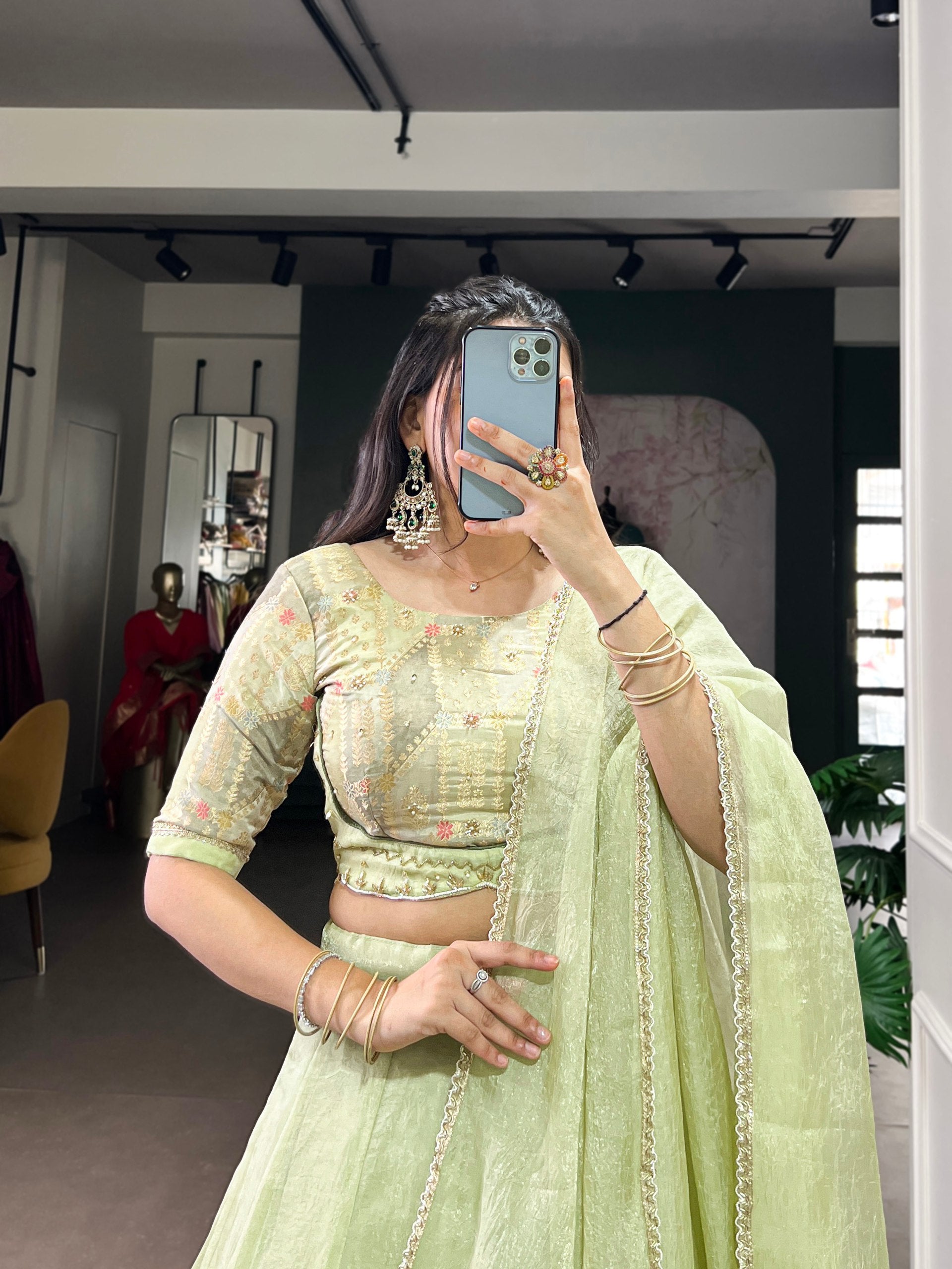 Pastel Green Allen Crush Stitched Lehenga Choli Set