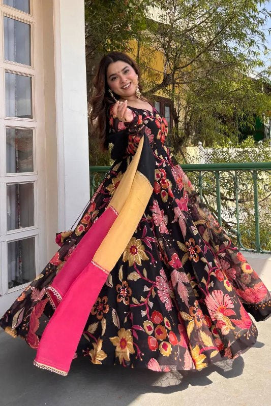 Festive Wear Black Floral Designer Anarkali Suit with Organza Dupatta For Women
