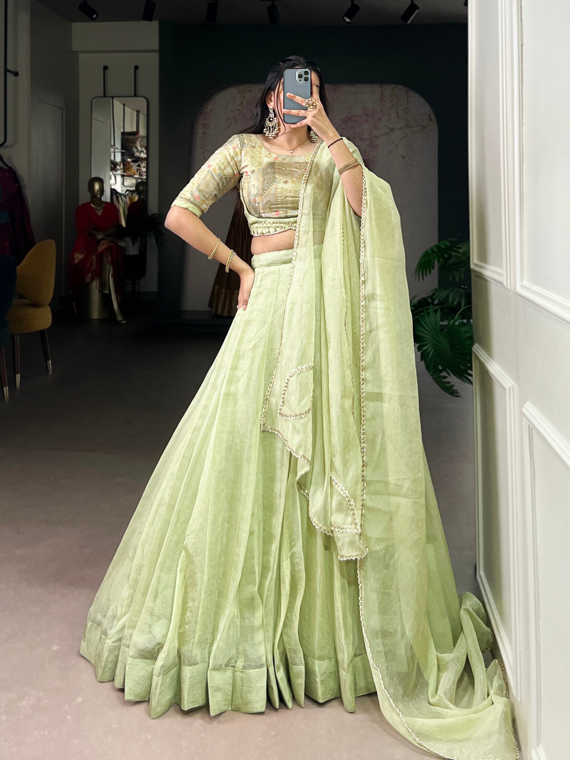 Pastel Green Allen Crush Stitched Lehenga Choli Set
