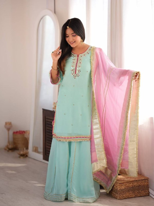 Sky Mint Organza Silk Sharara Suit Set with Pink Gota Patti Dupatta for Women