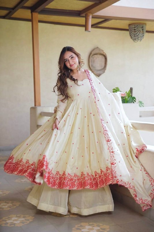 Ivory Embroidered Anarkali Palazzo Suit Set for Women