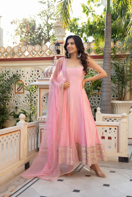 Blush Pink Anarkali Suit Set with Mirror Dupatta for Women
