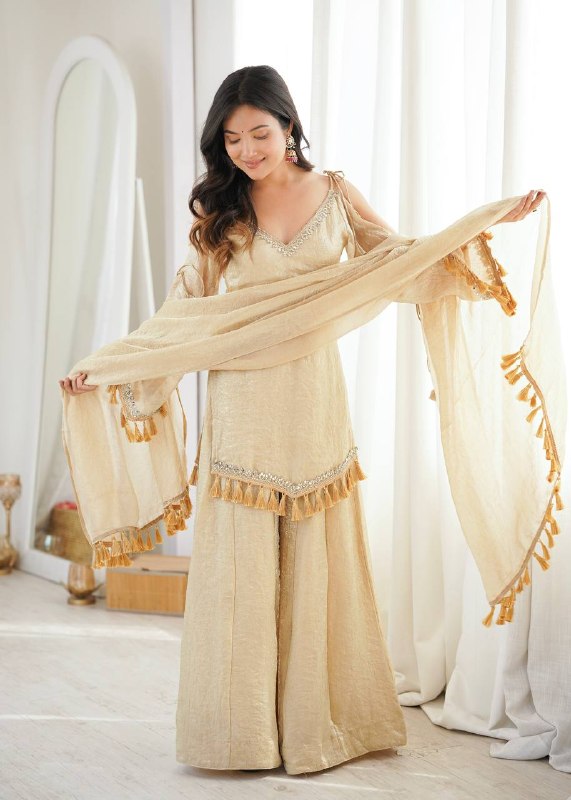 Champagne Gold Mirror Work Party Wear Palazzo Suit Set for Women