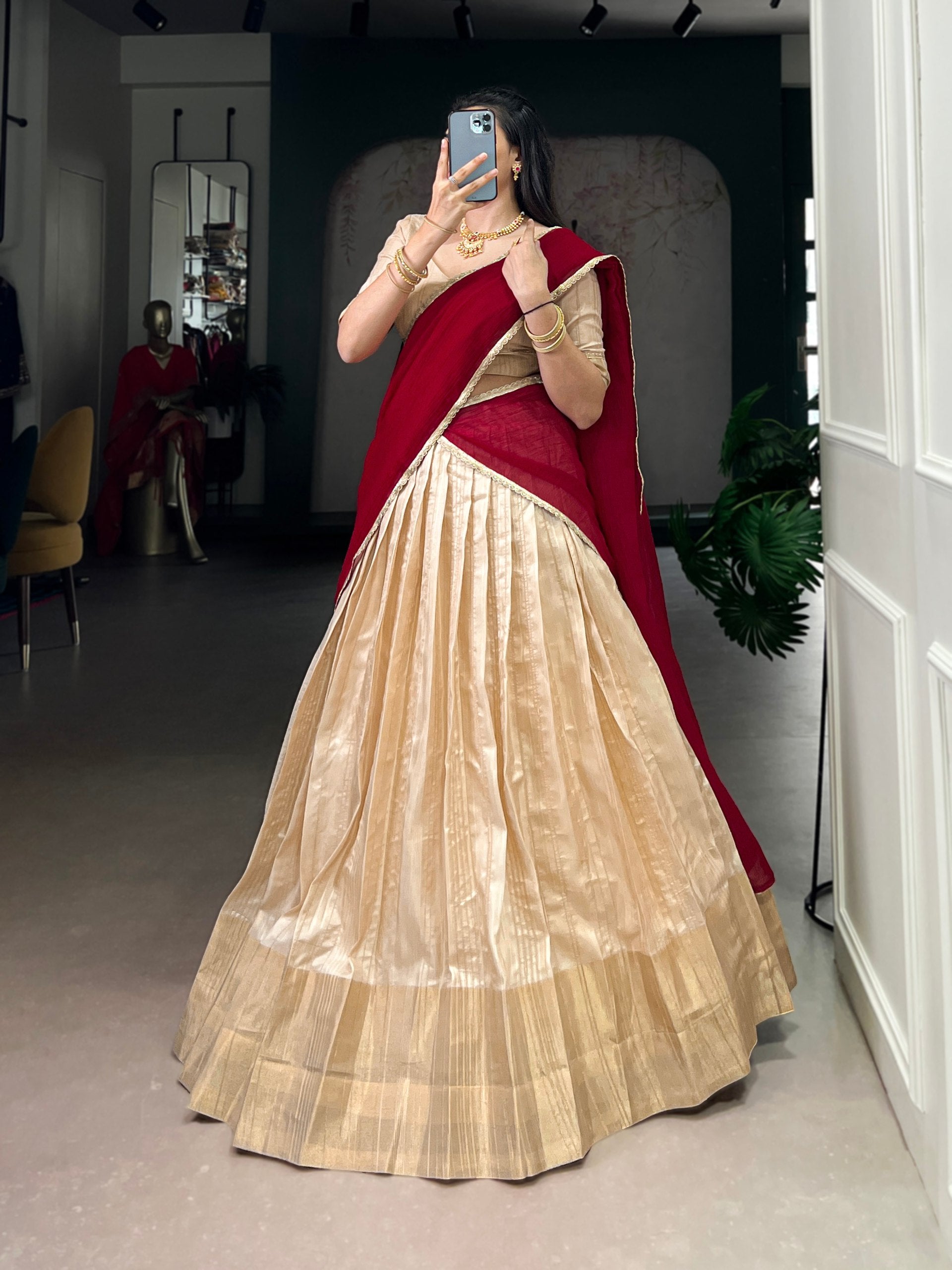 Premium Zari Weaving Traditional Cream & Maroon Lehenga choli with Silver Glossy Dupatta