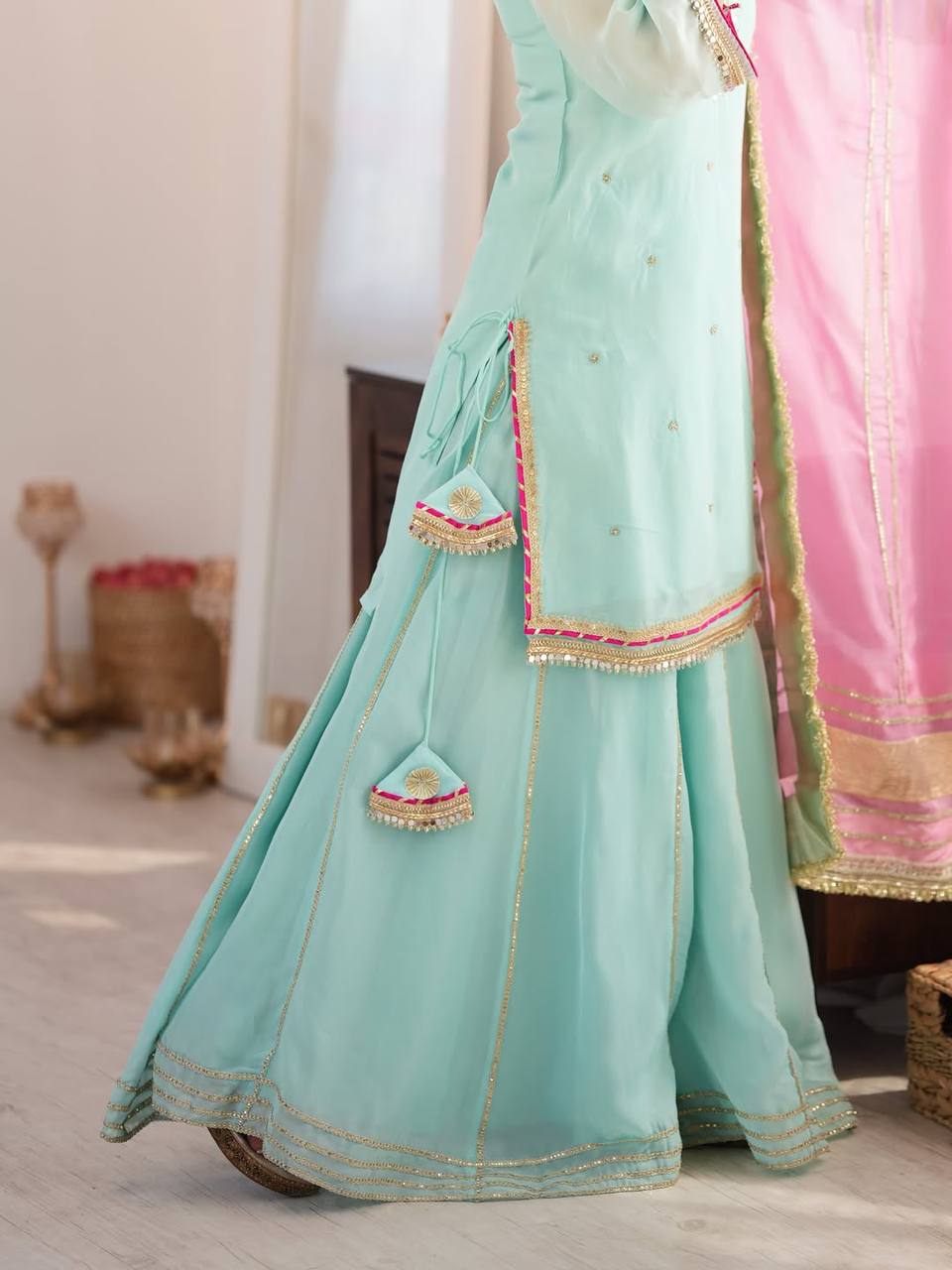 Sky Mint Organza Silk Sharara Suit Set with Pink Gota Patti Dupatta for Women