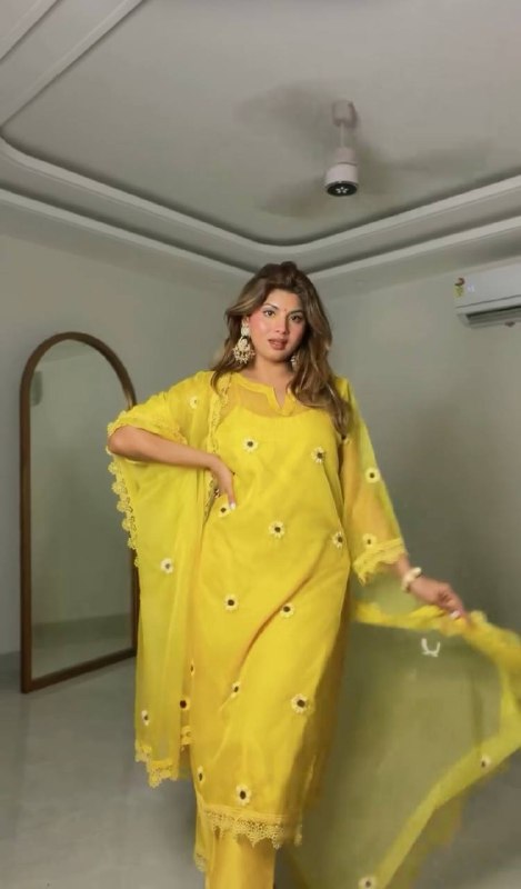 Yellow Floral Thread Work Kurta Suit Set for Women | Haldi, Wedding & Festive Wear