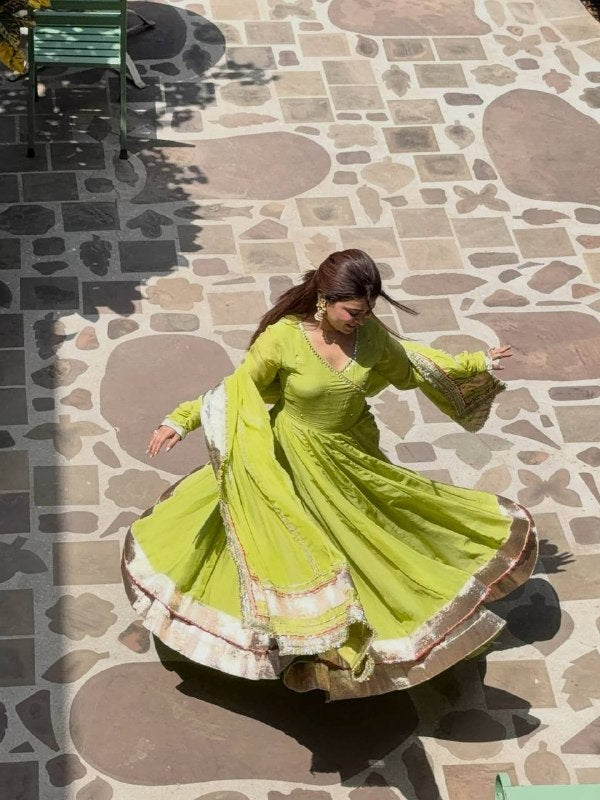 Lime Green Mirror Work Anarkali Lehenga Set with Dupatta for Women | Wedding & Festive Wear