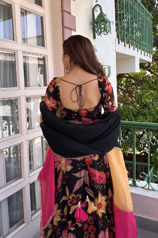 Festive Wear Black Floral Designer Anarkali Suit with Organza Dupatta For Women
