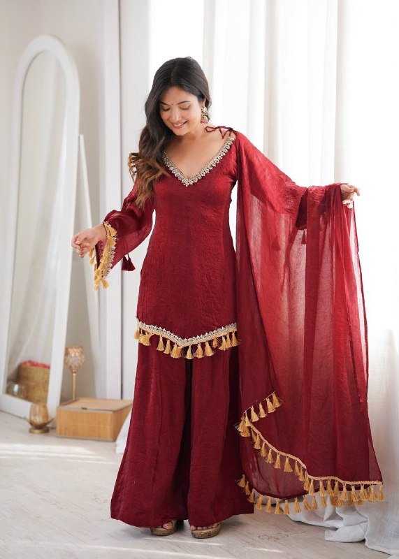 Wine Maroon Mirror Work Kurta Palazzo Suit Set for Women | Wedding, Festive & Party Wear