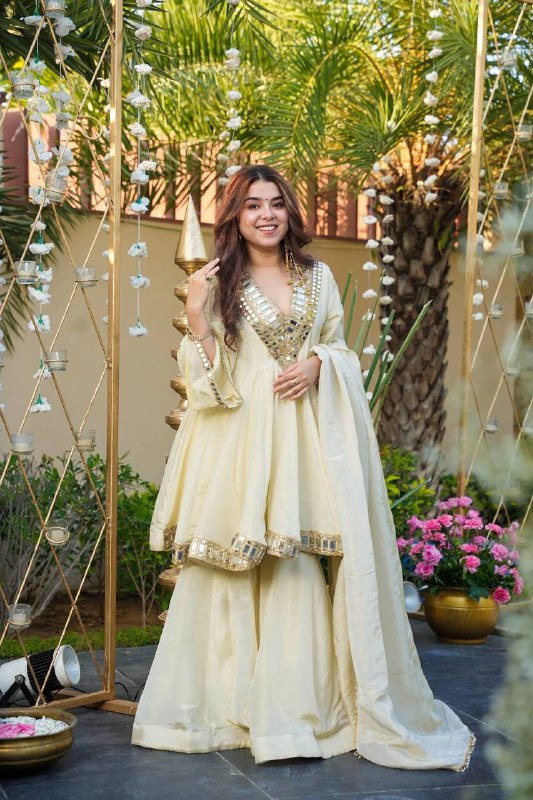 Premium Cream Cosmos Fabric Mirror Work Anarkali Palazzo Set