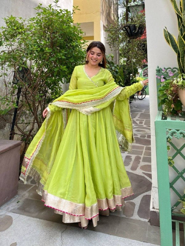 Lime Green Mirror Work Anarkali Lehenga Set with Dupatta for Women | Wedding & Festive Wear