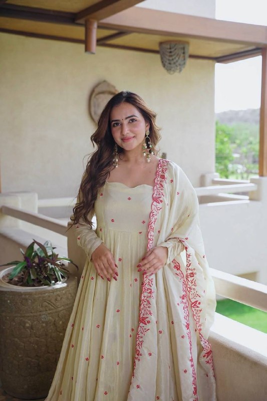 Ivory Embroidered Anarkali Palazzo Suit Set for Women