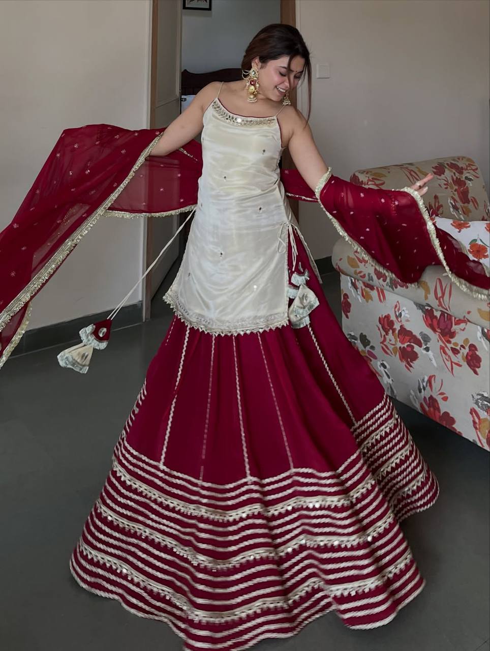 Ivory Maroon Zari Embroidered Short Kurti Lehenga Set with Dupatta for Women