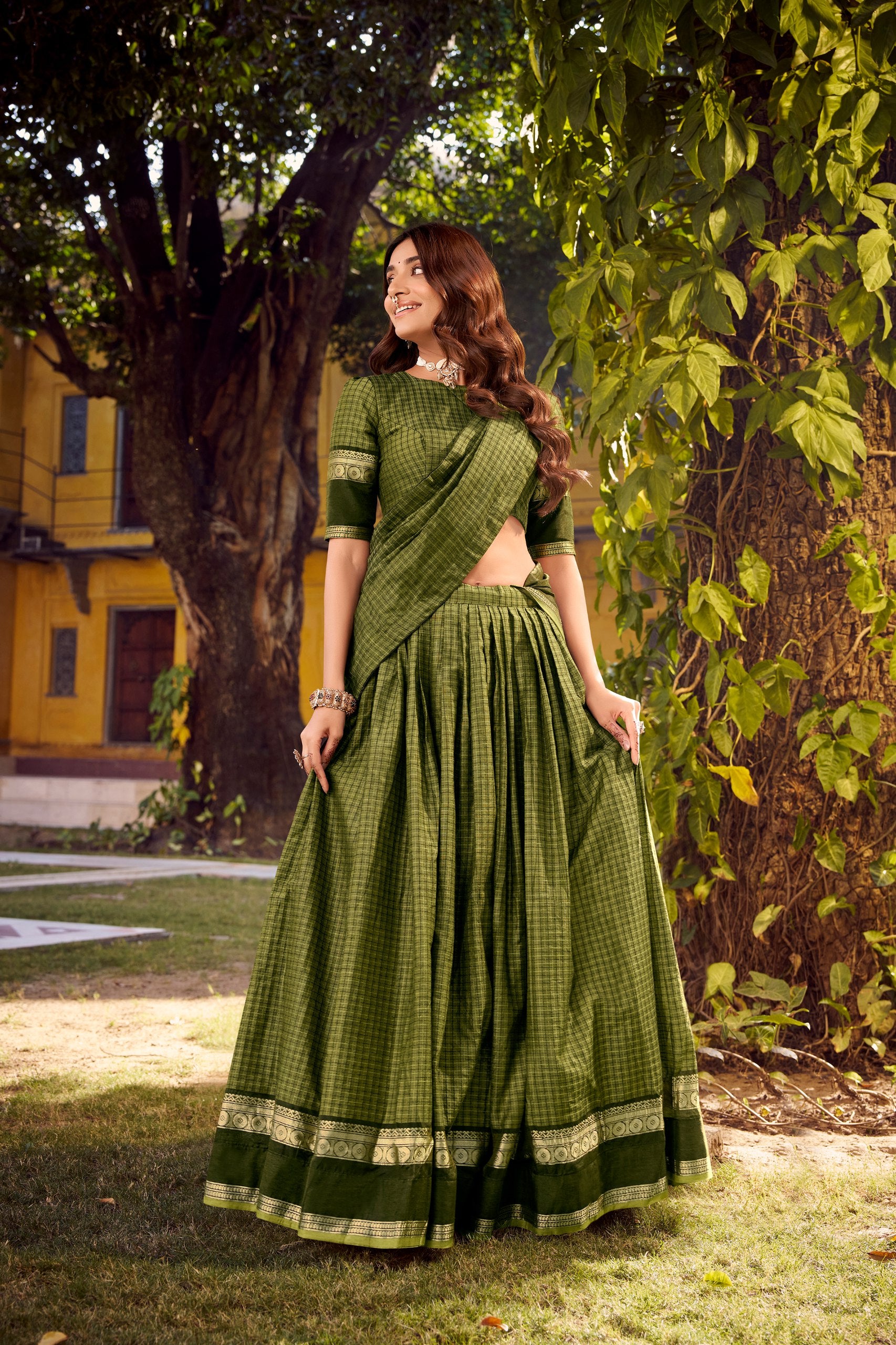 Chettinad Cotton Zari-Weaving Lehenga Choli Set