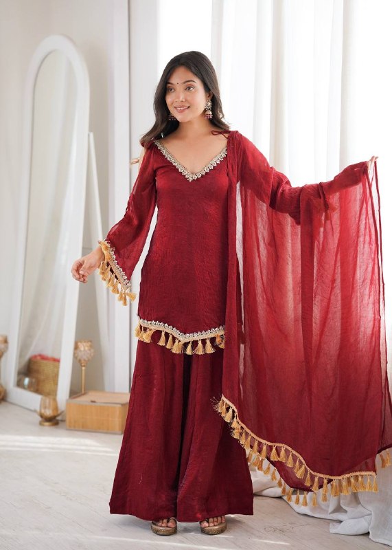 Wine Maroon Mirror Work Kurta Palazzo Suit Set for Women | Wedding, Festive & Party Wear