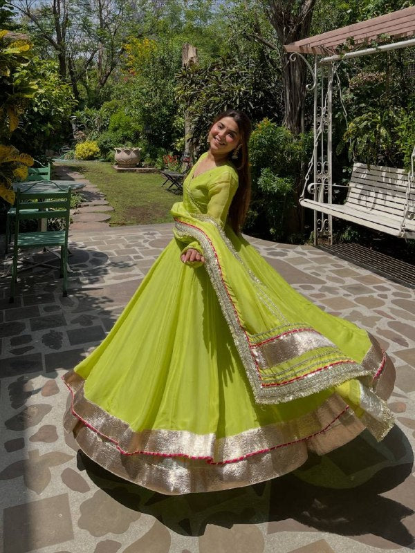 Lime Green Mirror Work Anarkali Lehenga Set with Dupatta for Women | Wedding & Festive Wear
