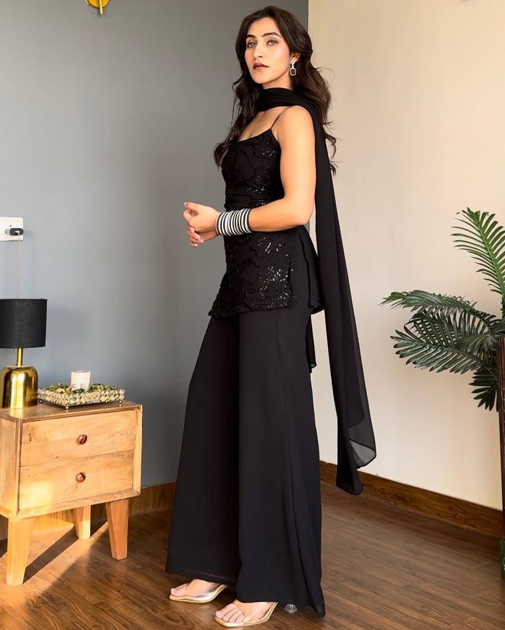 Black Sequin Palazzo Suit with Dupatta for Women