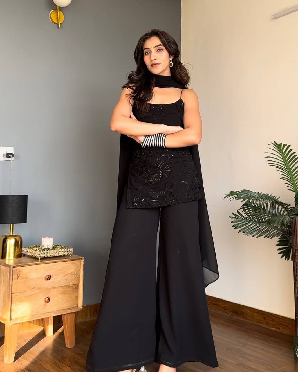 Black Sequin Palazzo Suit with Dupatta for Women