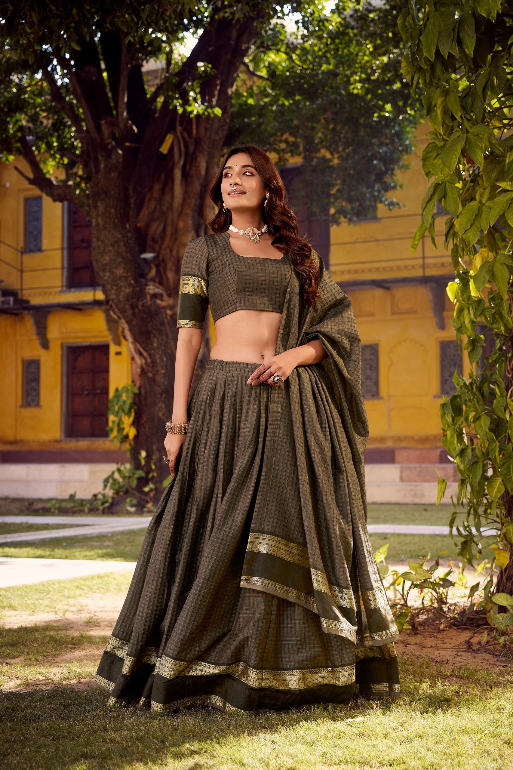 Chettinad Cotton Zari-Weaving Lehenga Choli Set