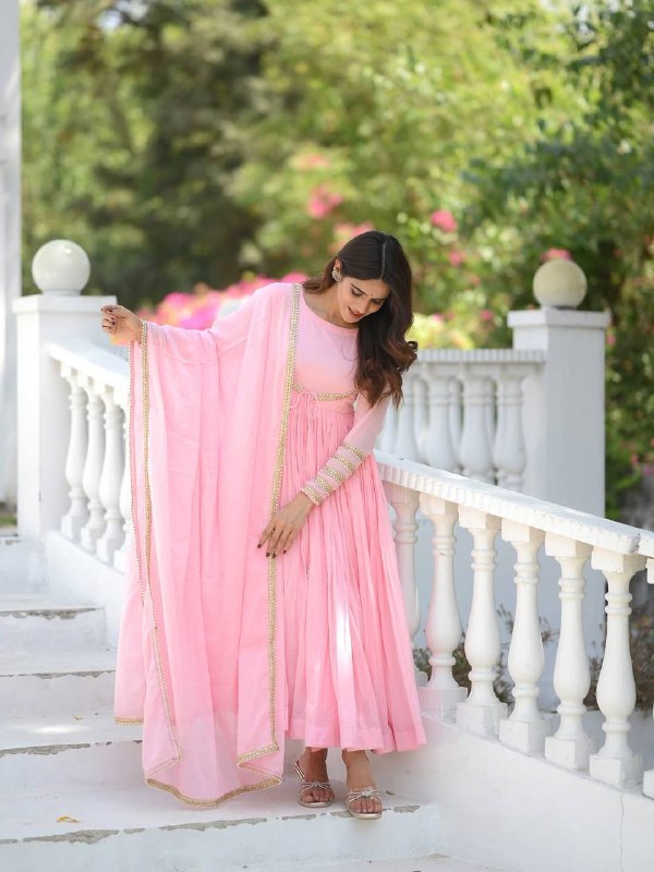 Blush Pink Vichitra Silk Anarkali Suit Set with Pant & Dupatta