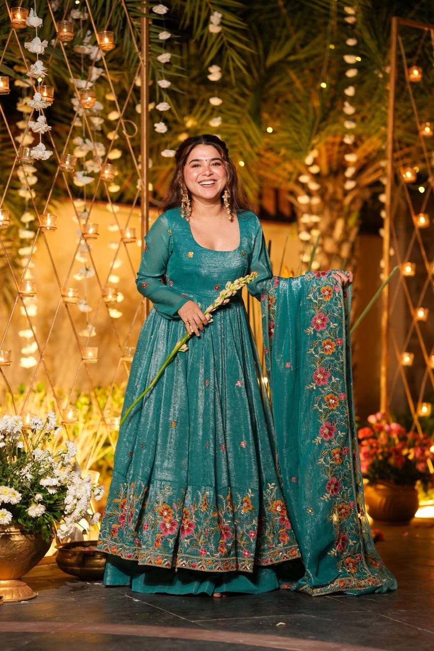 Luxury Embroidered Crunchy Silk Anarkali Gown Sharara Set with Dupatta