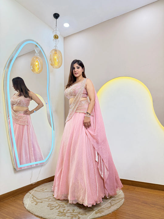 Mint Green Handwork Organza Ready-to-Wear Lehenga Saree for Women