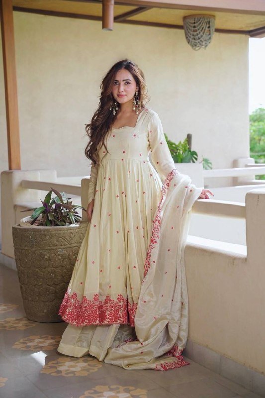 Ivory Embroidered Anarkali Palazzo Suit Set for Women