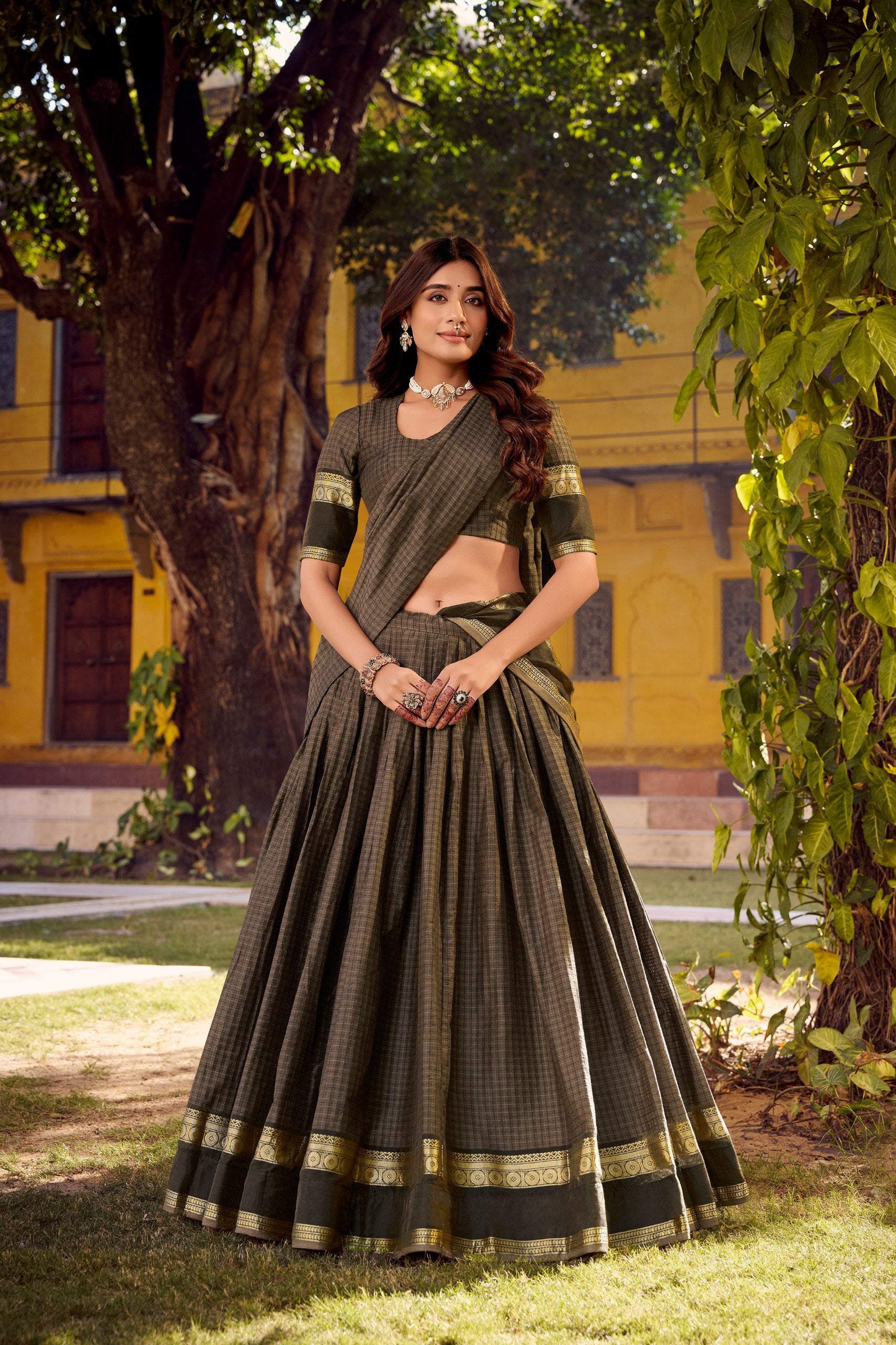 Chettinad Cotton Zari-Weaving Lehenga Choli Set