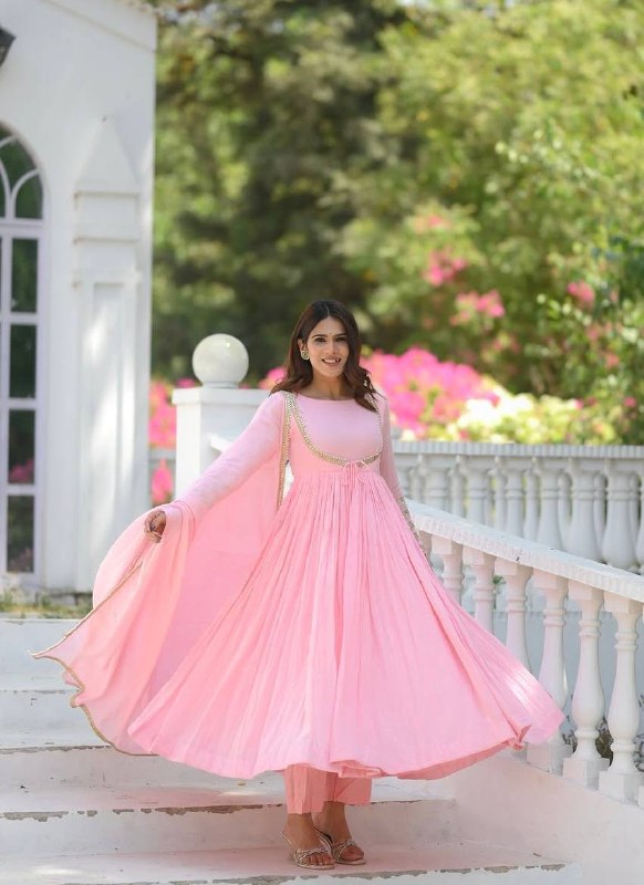 Blush Pink Vichitra Silk Anarkali Suit Set with Pant & Dupatta