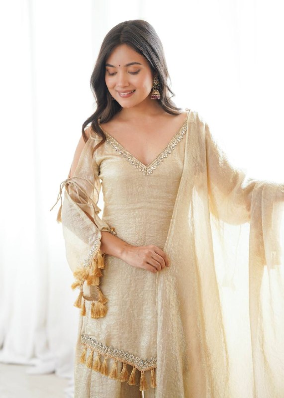 Champagne Gold Mirror Work Party Wear Palazzo Suit Set for Women