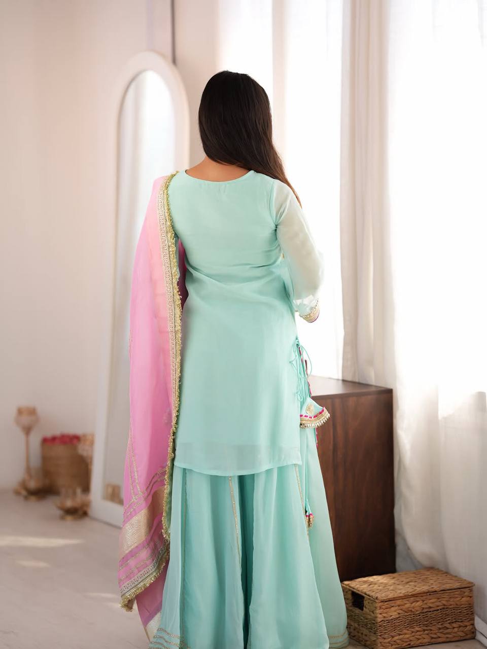 Sky Mint Organza Silk Sharara Suit Set with Pink Gota Patti Dupatta for Women