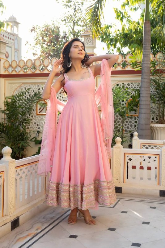 Blush Pink Anarkali Suit Set with Mirror Dupatta for Women