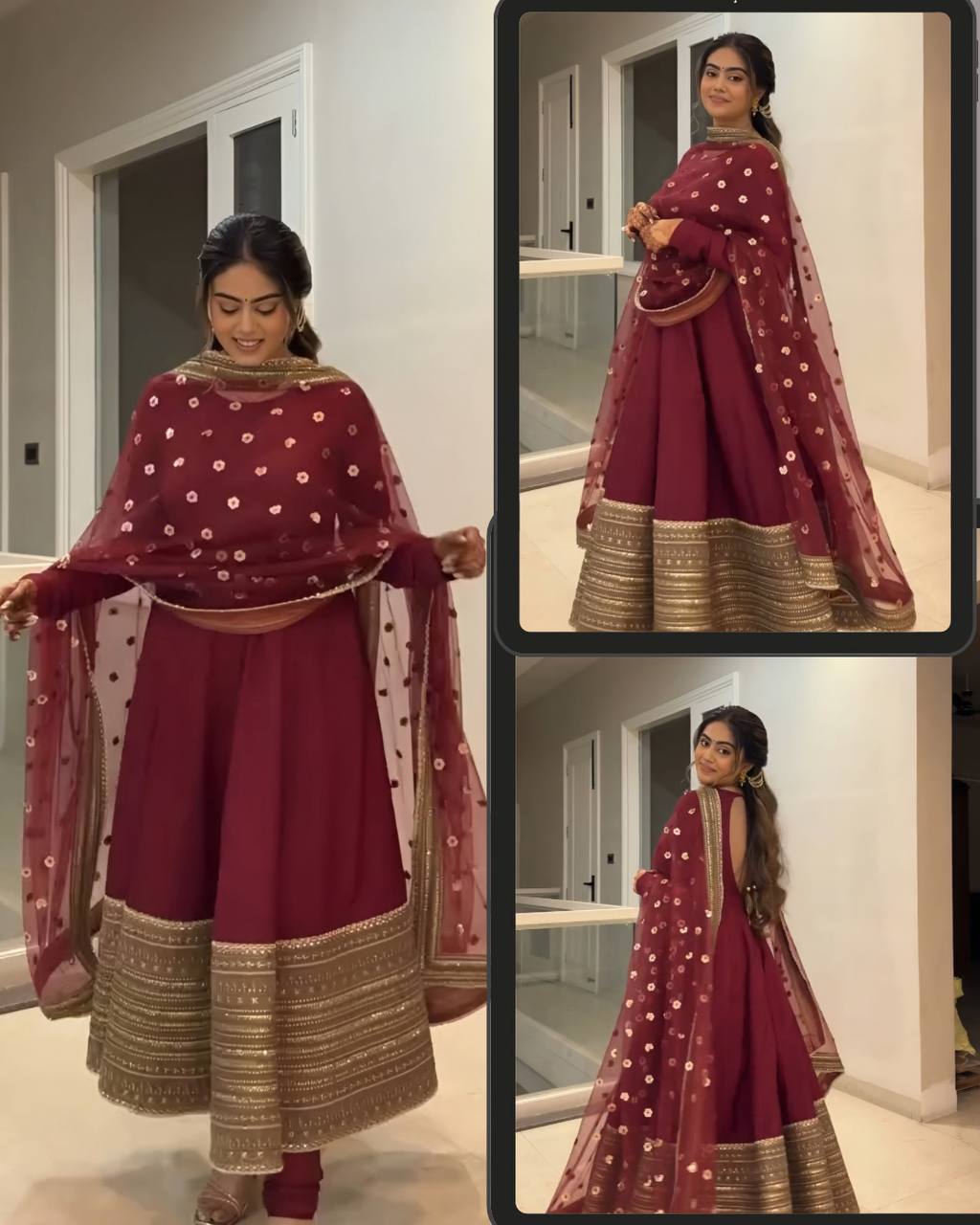 Maroon Kali-Cut Rayon Anarkali Suit Set with Heavy Coding Embroidery & Sequins Work