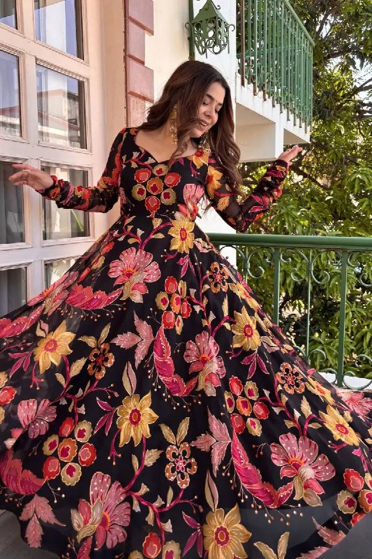 Festive Wear Black Floral Designer Anarkali Suit with Organza Dupatta For Women