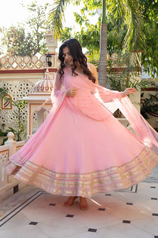 Blush Pink Anarkali Suit Set with Mirror Dupatta for Women