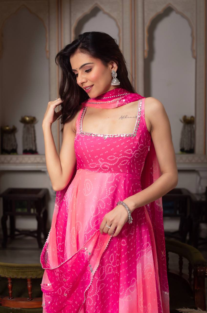 PInk Bandhani Real Mirror Work Anarkali Kurta Suit Set for Women | Festive & Party Wear Suit