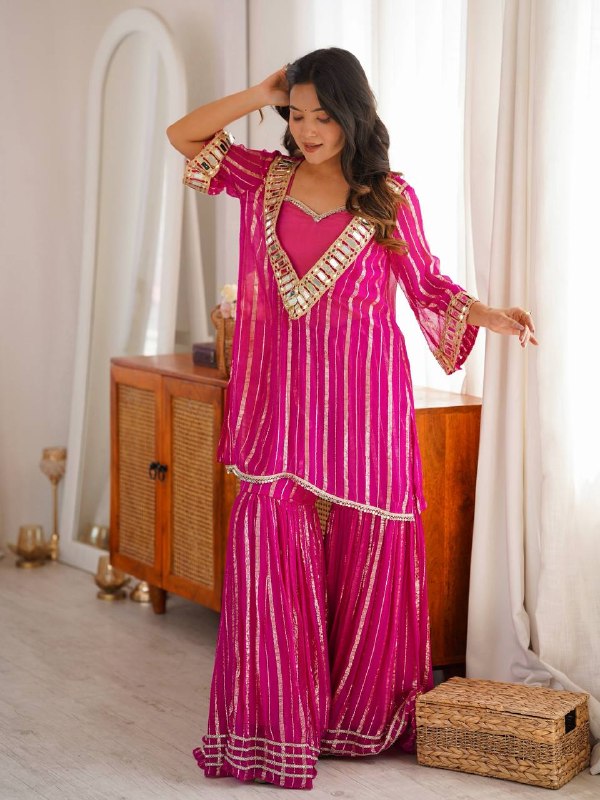 Festive Rani Pink Mirror Work Sharara Suit Set for Women | Mehendi, Haldi & Festive Outfit