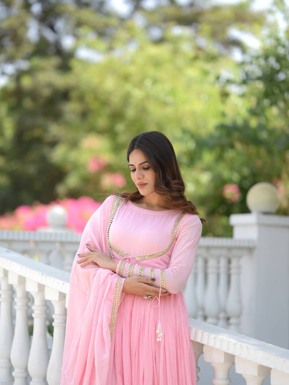 Blush Pink Vichitra Silk Anarkali Suit Set with Pant & Dupatta
